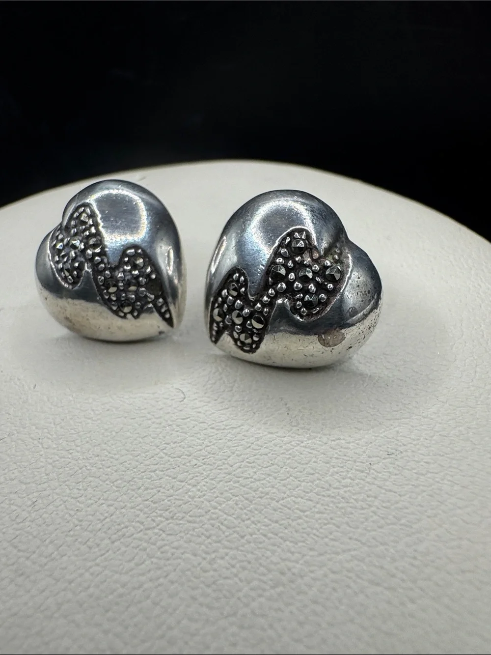 Silver Heart Stud Earrings with Black Accent Detailing